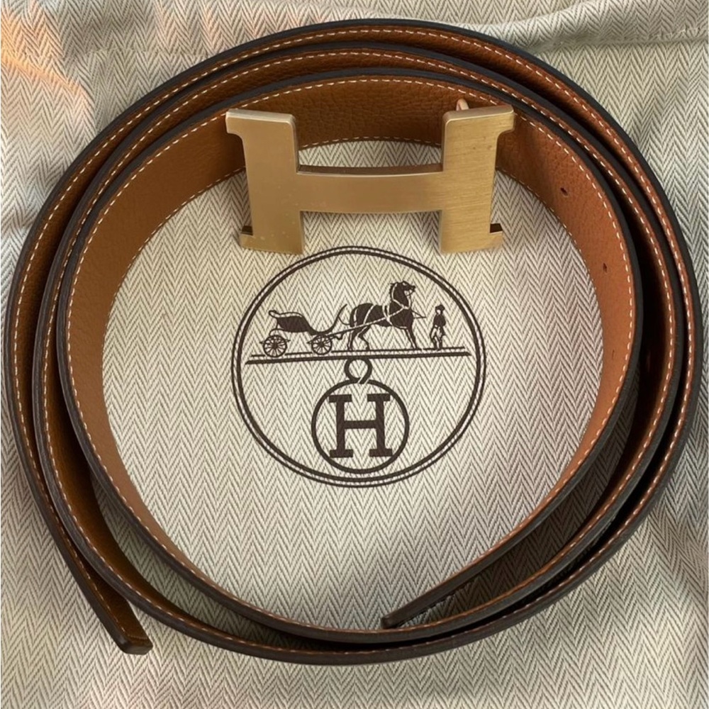 Hermes Brown and Gold H Buckle Reversible Leather Belt